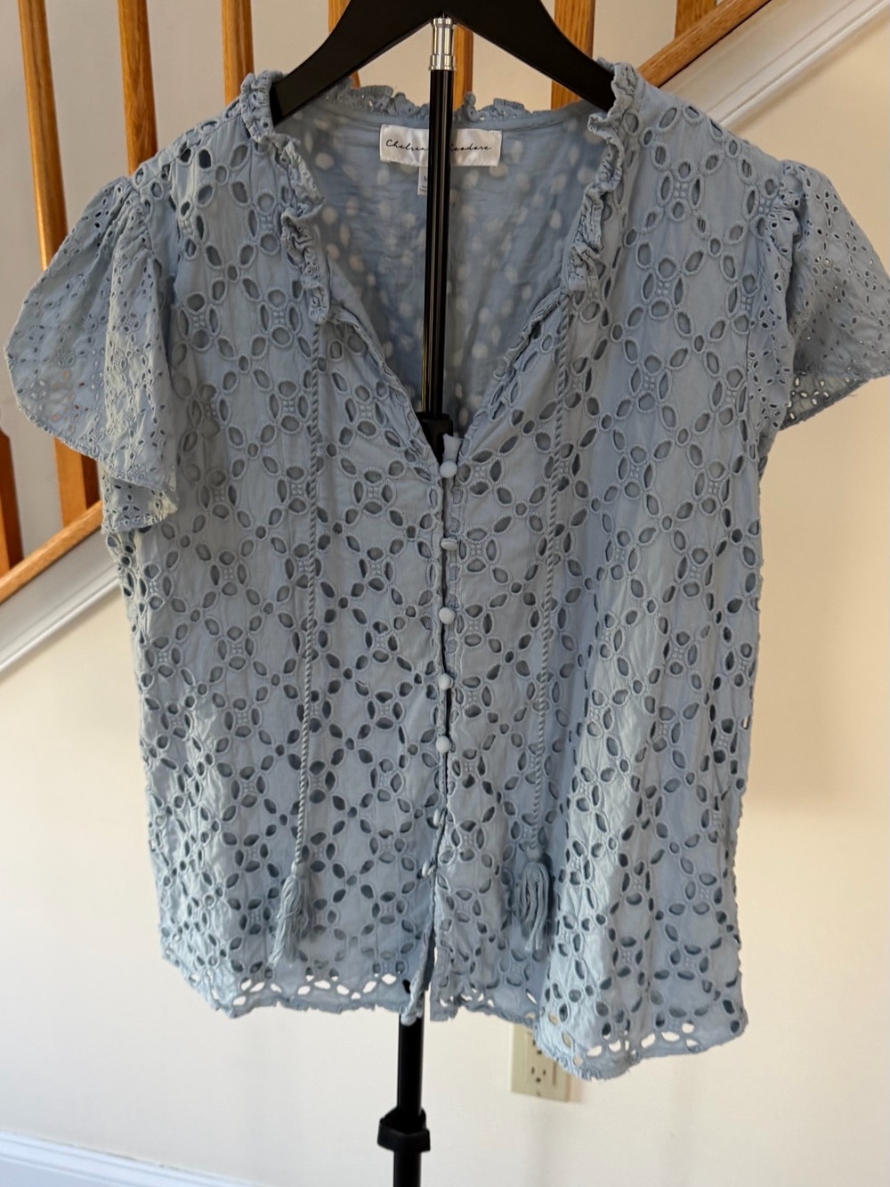 Chelsea & Theodore Light Blue Eyelet Button-Up Blouse with Tassel Ties
